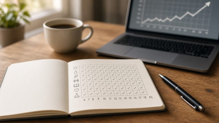 Habit tracker notebook beside coffee and a laptop showing a rising progress line