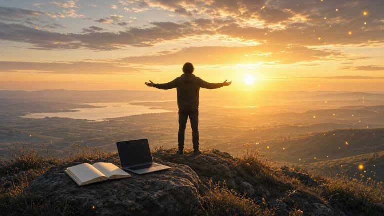Person on a hilltop at sunrise with arms open beside a notebook and laptop