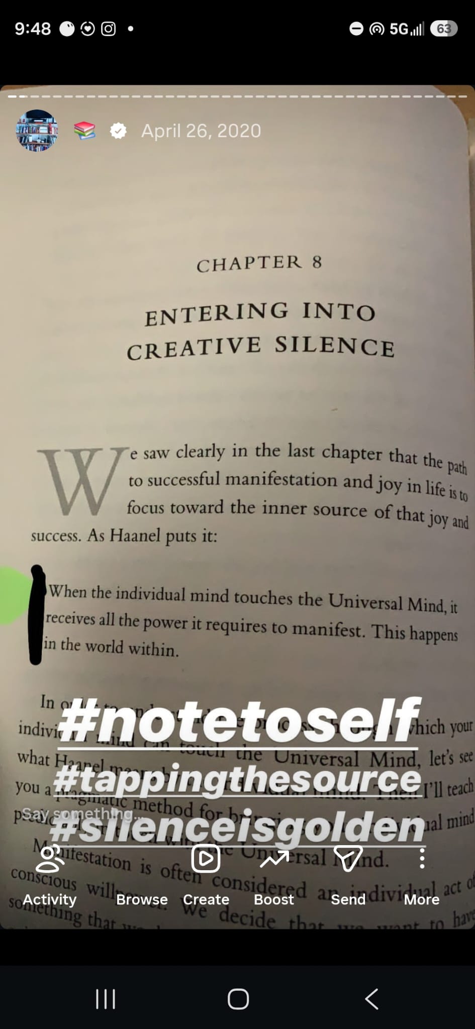 Instagram story from April 26, 2020, the marked page of Tapping the Source.